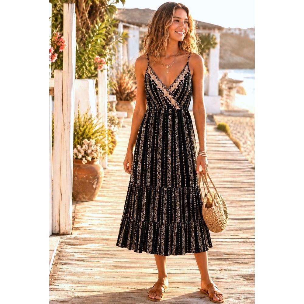 Angie Boho Midi Dress Womens Small Black Embroidered Tiered Surplice